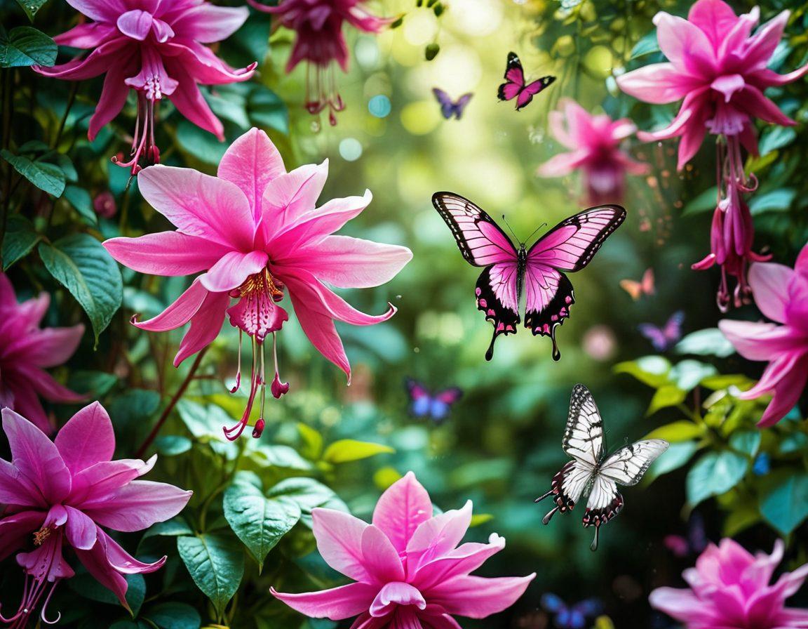 A mesmerizing garden scene showcasing a variety of fuchsia flowers in full bloom, interspersed with whimsical butterflies fluttering around. The background features soft, blurred greenery to emphasize the vibrant fuchsia hues. Include close-up shots of the intricate textures and colors of the petals, with droplets of dew reflecting the sunlight. A dreamy and enchanting atmosphere that captures the allure of fuchsia. super-realistic. vibrant colors. soft focus.