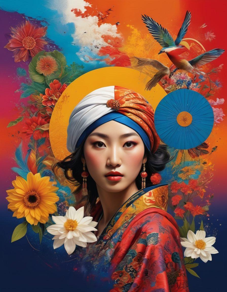 A vibrant collage showcasing various Fuchian expressions, featuring bold colors and intricate patterns. Include images of diverse Fuchian art styles, abstract shapes, and cultural symbols intertwined in a harmonious flow. The background should be a dynamic blend of colors representing the rich history and diversity of Fuchian culture. Create an engaging and thought-provoking visual narrative. super-realistic. vibrant colors. 3D.