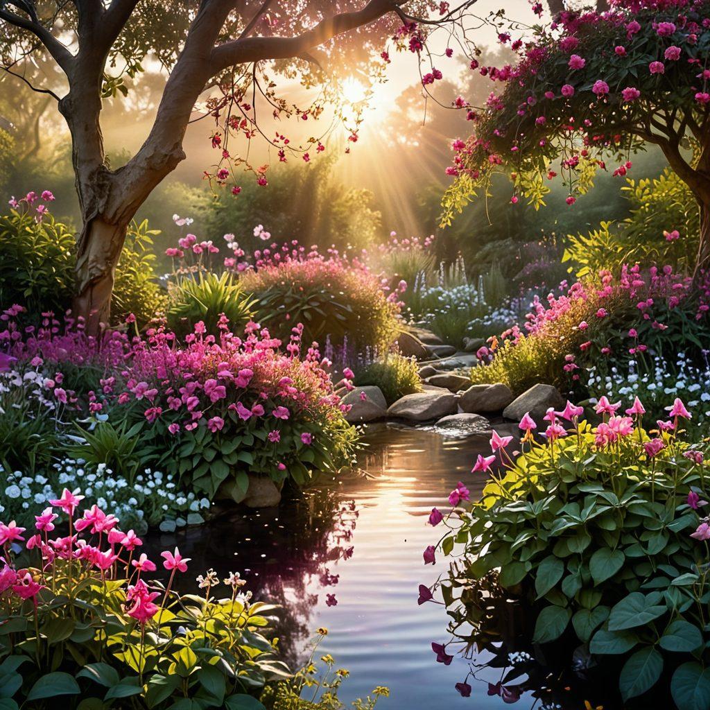 A whimsical garden bursting with vibrant fuchsia flowers in various shapes and sizes, surrounded by curious creatures peeking through petals. Soft streams of sparkling light float above, hinting at the magical essence of Fuchology. The background features soft pastel sky transitioning into a golden sunset, inviting a sense of wonder. ethereal and enchanting. vibrant colors. painting.